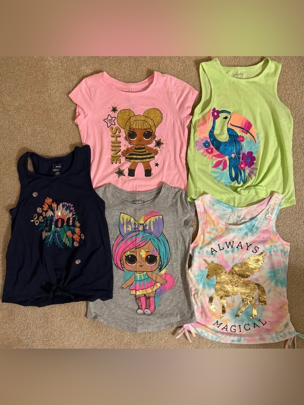 Girls’ Size 7 Summer Tops- L.O.L. Surprise!, Parrot, Botanical, Unicorn
